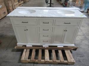 lot 320 image: Home Decorators Collection Windlowe 61 in. W x 22 in. D x 35 in. H Bath Vanity in White with Carrera Marble Vanity Top in White with White Basin 15101-VS61C-WT