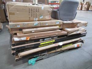 lot 108 image: WHOLESALE MIXED PALLET OF MICELLANOUS STORM DOORS, CABINET END PANELS, BUILDING MATERIALS AND MORE