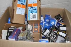 lot 42 image: Large Box Lot of Miscellaneous New  Old Stock Pro Audiovisual Equipment Light Bulbs  Lamps