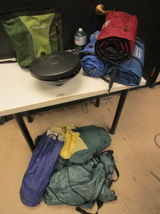 ASSRTD. CAMPING EQUIPMENT, COLEMAN CAMP STOVE, SLEEPING BAG MATS, EUREKA STARGAZING TENT