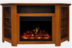 lot 35 image: Cambridge Stratford 56 in. Corner Electric Fireplace  TV Stand in Teak (Missing Fireplace Insert)