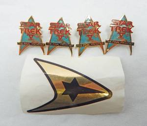 lot 70 image: Set of 4 Vintage 1989 Star Trek The Final Frontier Movie Promotional Pins and Star Trek Sticker