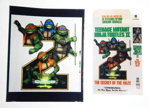 lot 1 image: Vintage 1991 Teenage Mutant Ninja Turtles 2 VHS Cover Art Cel and Box Cover