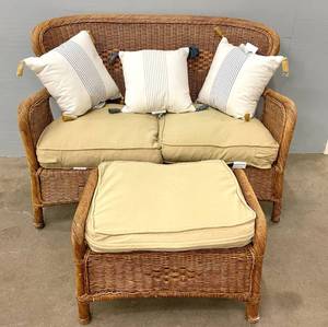 Pier One Imports Wicker Love Seat Sofa with Foot Stool and Pillows