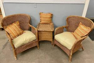 Pier 1 Imports Pair of Wicker Chairs and Side Table