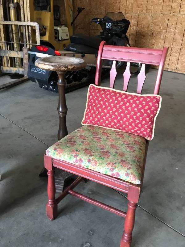lot 16 image: Red Chair and Wooden Plant Stand