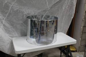 lot 1209 image: Chandelier Silver with Crystals Inside Metallic Blue Barrel Shade 4-lamp 24Dx18H