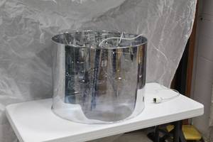 lot 1309 image: Chandelier Silver with Crystals Inside Metallic Blue Barrel Shade 4-lamp 24Dx18H