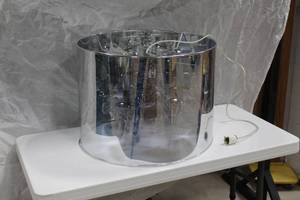 lot 1409 image: Chandelier Silver with Crystals Inside Metallic Blue Barrel Shade 4-lamp 24Dx18H