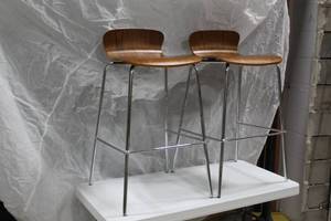 lot 1312 image: Lot of (2) Metal Stool with Curved Wood Seat 19Wx20Dx35H