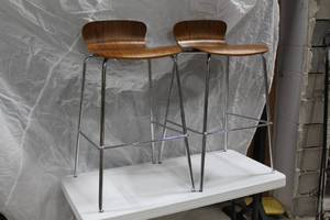 lot 1413 image: Lot of (2) Metal Stool with Curved Wood Seat 19Wx20Dx35H
