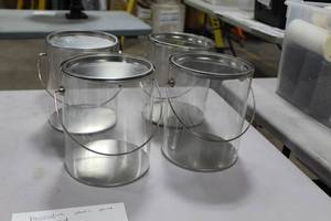 lot 1535 image: Lot of (4) Decorative Clear Plastic Paint Can with Lid 7Dx8H
