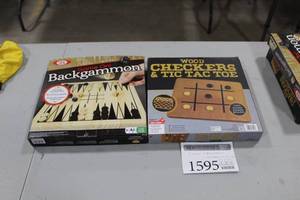 lot 1595 image: Lot of (2) Games (in box) - Ideal Backgammon, Wood Checkers  Tic Tac Toe