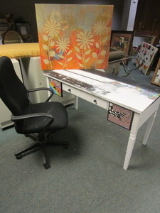 ORIGINAL WRITING DESK WITH FLOWER ART AND OFFICE CHAIR