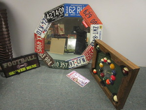 GAME ROOM DECOR, VINTAGE LICENSE PLATE WALL MIRROR, POOL BALL CLOCK, FOOTBALL SERVED HERE SIGN