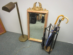 UMBRELLAS WITH STAND, DECORATIVE MIRROR, BRONZE FLOOR LAMP