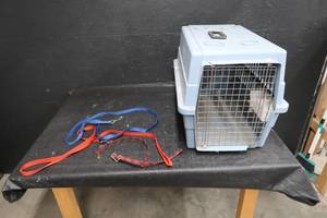 DOG KENNEL WITH LEASHES N COLLARS