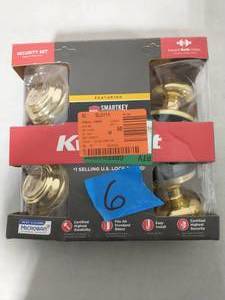 KWICKSET Juno Polished Brass Exterior Entry Door Knob and Double Cylinder Deadbolt Combo Pack Featuring SmartKey Security