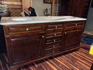 lot 8 image: OVE Highclere 72 in. W x 22 in. D Double Bath Vanity in Cocoa with Natural Carrara Marble Vanity Top in White