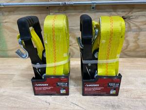 lot 26 image: HUSKY Lot of 2-  27 ft. x 2 in. Heavy-Duty Ratchet Tie-Down with J Hook