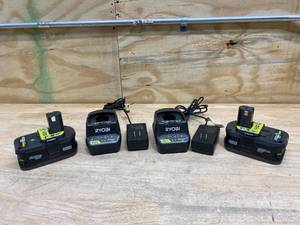 lot 80 image: RYOBI Lot of 2-  18v Batteries (4.0Ah) with 2- 18v Chargers