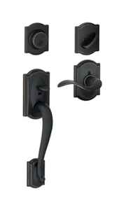 lot 52 image: SCHLAGE Camelot Left Handed Sectional Single Cylinder Keyed Entry Handleset with Accent Lever with Decorative Camelot Trim