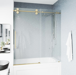 lot 104 image: VIGO Elan 60 in. x 66 in. Frameless Sliding Tub Door in Matte Gold and Clear Glass