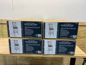 lot 122 image: Lot of 4-  Oil Rubbed Bronze Adjustable Height Upholstered Swivel Bar Stools
