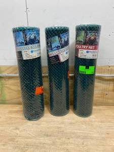 lot 128 image: FENCER WIRE Lot of 3-  2 ft. x 25 ft. and 34 in. Dia Mesh Green Diamond Plastic Poultry Netting