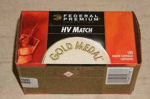 lot 76 image: 500 Federal Premium HV Match Gold Medal .22 LR 40 Gr Solid - Seconds
