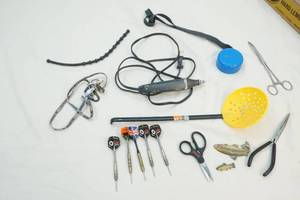Darts, scissors, scoop, engraver