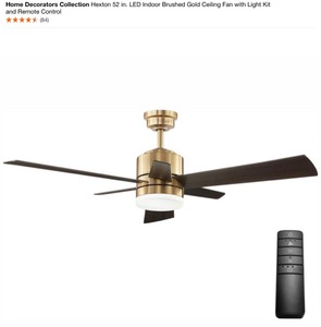 HOME DECORATORS HECTON 52 IN. LED INDOOR BRUSHED GOLD CEILING FAN WITH LIGHT KIT AND REMOTE CONTROL. SEE PICTURES