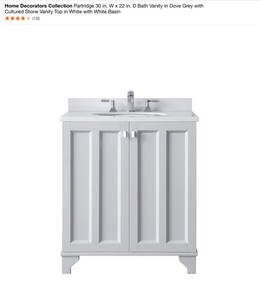 HOME DECORATORS PARTRIDGE 30 IN. D BATH VANITY IN DOVE GREY WITH CULTURED STONE VANITY TOP IN WHITE.