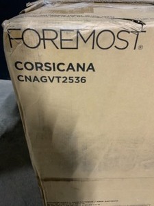 FOREMOST CORSICANA 25 IN. W x 19 IN. D VANITY IN ANTIQUE GREY WITH VITREOUS CHINA VANITY TOP IN WHITE WITH WHITE BASIN SLIGHTLY USED AND HAS DAMAGE SEE PICS