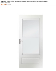 EMCO 34 IN. 400 SERIES WHITE UNIVERSAL SELF-STORING ALUMINUM STORM DOOR WITH NICKEL HARDSWARE. SEE PICTURES
