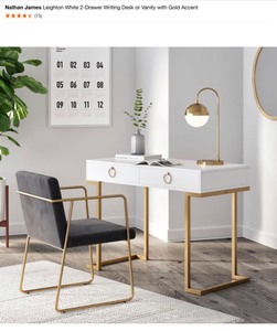 NATHAN JAMES LEIGHTON WHITE 2-DRAWER WRITING DESK OR VANITY WITH GOLD ACCENT. SEE PICTURES