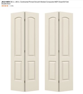 JELD-WEN 36IN. CONTINENTAL PRIMED SMOOTH MOLDED COMPOSITE MDF CLOSET BI-FOLD DOUBLE DOOR. SEE PICTURES