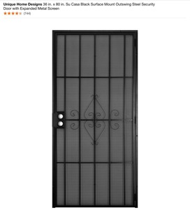UNIQUE HOME DESIGNS 36IN SU CASA BLACK SURFACE MOUNT OUTSWING STEEL SECURITY DOOR EXPANDED METAL SCREEN. SEE PICTURES