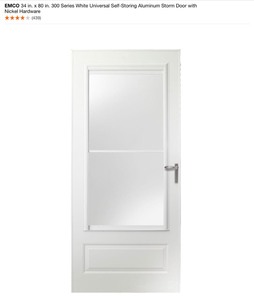 EMCO 300 SERIES WHITE UNIVERSAL SELF-STORING ALUMINUM STORM DOOR WITH NICKEL HARDWARE. SEE PICTURES