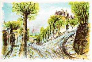 Signed and numbered lithograph on paper of a country road by Ira Moskowitz