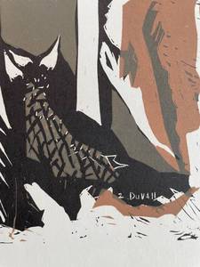Zora DuVall (CzechAmerican, b. 1927) , Winter Birds, 1961, woodcut