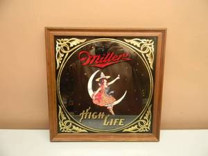 lot 11 image: VINTAGE MILLER HIGH LIFE LADY ON THE MOON BAR SIGN  MIRROR - NICE - AWESOME COLLECTIBLE - APPROX 14 BY 14 - SEE PICTURES