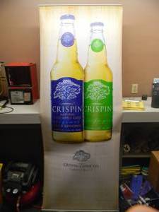 lot 20 image: CRISPIN - Retractable display banner stand  easy to set up and take down OR CAN BE HUNG - LARGE APPROX 30 X 80 - SEE PICTURES
