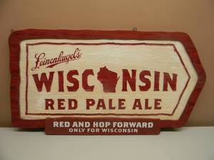 lot 33 image: RARE HARD TO FIND - LEINENKUGELS WISCONSIN RED PALE ALE BEER SIGN - RED AND HOP FORWARD ONLY FOR WISCONSIN - VERY NICE PIECE - APPROX 35 BY 19 - SEE PICTURES