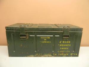 lot 46 image: THE REAL DEAL - WWII 1942 2 BOMB THROWER SMOKE MILITARY AMMUNITION GREEN METAL BOX B-167 - GREAT PIECE - APPROX 22W 9H 9D - SEE PICTURES