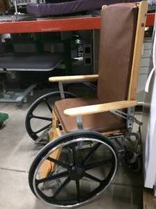 VINTAGE WOOD PADDED WHEELCHAIR