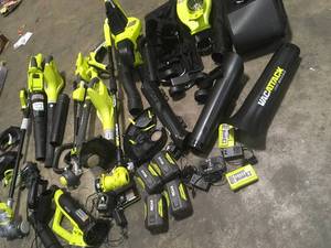 Lot of assorted Ryobi outdoor tools various models and conditions see pictures