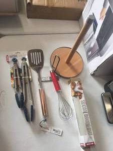 lot 26 image: Brand New Macys Cooking Utensils & Wooden Towel Holder Lot