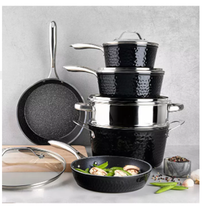 lot 61 image: Brand New Granite Stone Diamond Hammered Aluminum Diamond Infused Nonstick 10 Piece Cookware Set