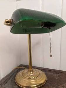 lot 129 image: Brass Banker Lamp with Glass Shade